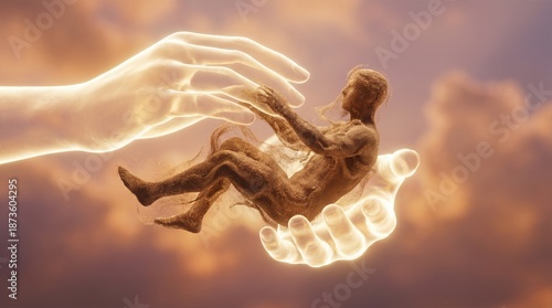 The divine hand creating a man from dust. Concept of God the Creator forming humanity from the earth according to Genesis, religious art.
