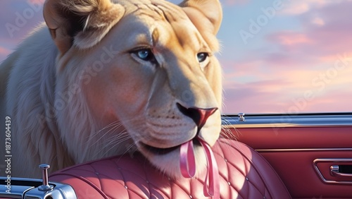 Majestic White Lioness with Blue Eyes Peering into a Classic Car Interior at Sunset.