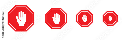 Stop Hand Octagon Icons – Set of Flat Safety Signs with Black and White Hands in Traffic Symbol Style