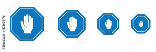 Stop Hand Octagon Icons – Set of Flat Safety Signs with Black and White Hands in Traffic Symbol Style