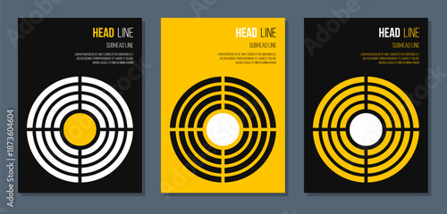 corporate annual report template collection, company identity card, business presentation vertical pages vector set, black and yellow abstract geometric minimalistic brochure cover