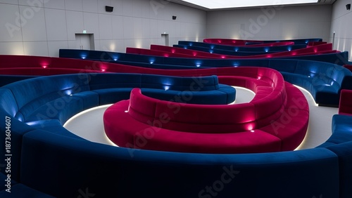 Modern Cinema Interior with Unique Spiral Seating Arrangement.