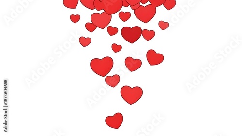 Red hearts falling from top to bottom on a white background