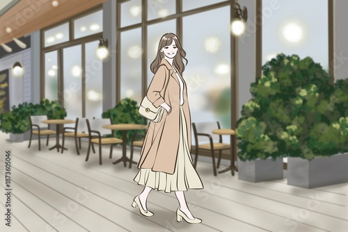 カフェ前を笑顔で歩く女性