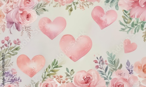 watercolor hearts with floral accents in a pastel color palette and soft brushstrokes, flowers, love