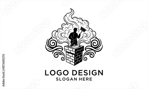 Vintage Chimney Sweep Logo Design with Ornate Smoke and Brick Chimney.