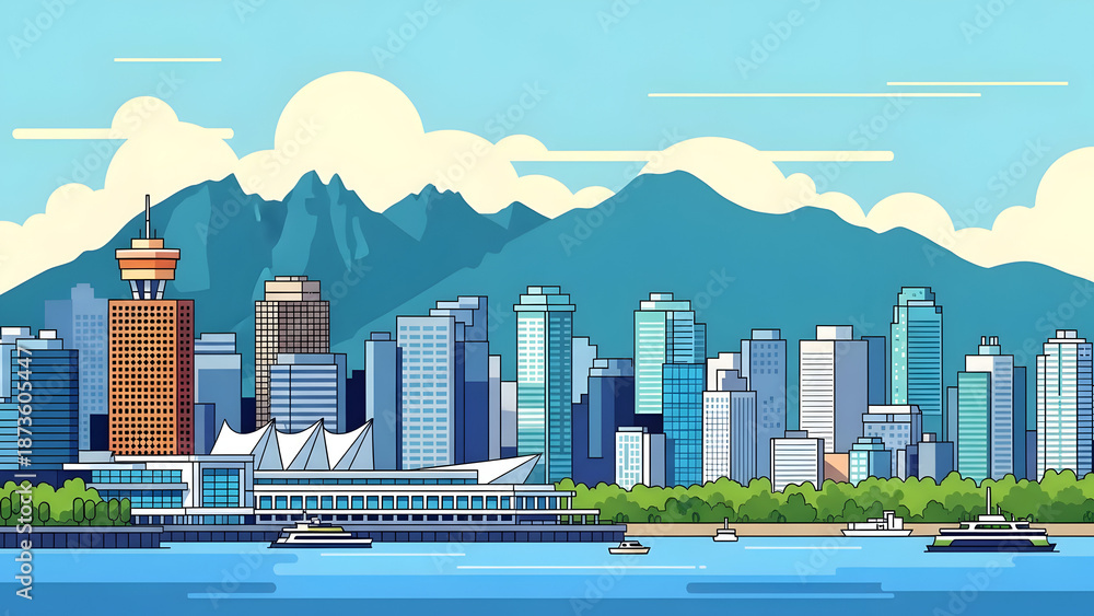 Naklejka premium Vancouver British Columbia Postcard Vector Illustration featuring Canadian Urban Skyline with Coastal Mountains and Pacific Waterfront in Flat Solid Color for Travel and Tourism Design
