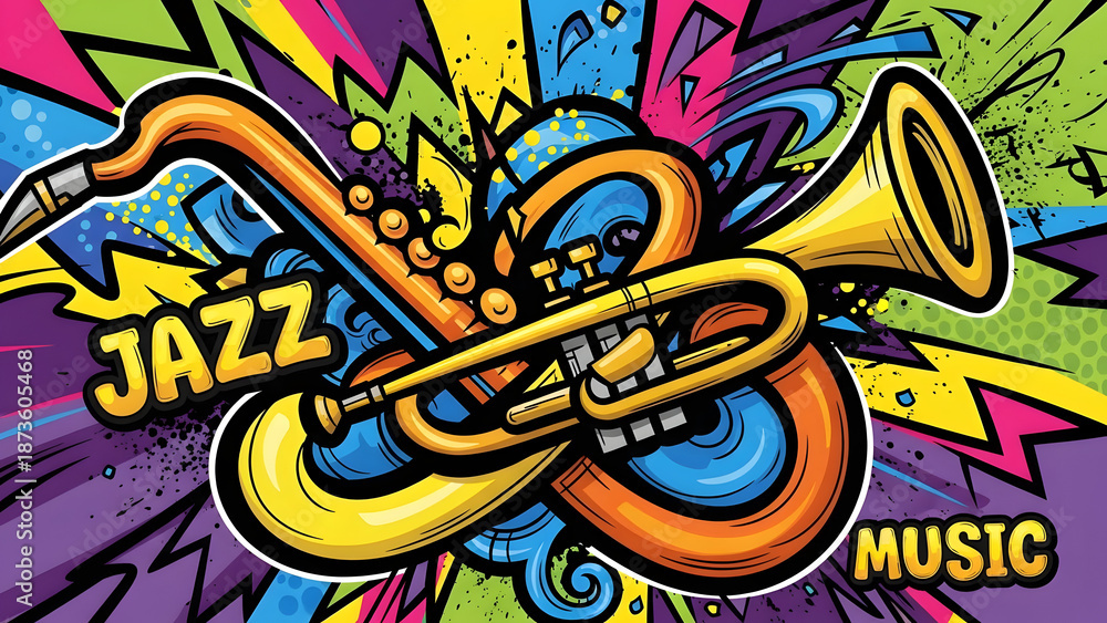 Obraz premium Vibrant urban mural showcasing abstract saxophone and trumpet silhouettes merged with dynamic geometric patterns, expressive musical jazz street art background, colorful design.