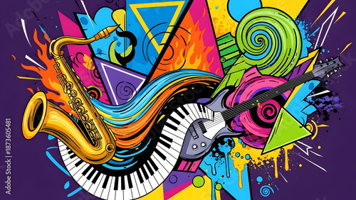 Vibrant urban mural blending abstract musical instruments like saxophone and trumpet with colorful geometric shapes, energetic strokes, and modern street art style.
