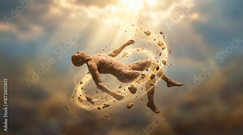 Man formed from dust with light. Genesis creation concept. Artistic illustration of human origin and divine power. Religious theme.