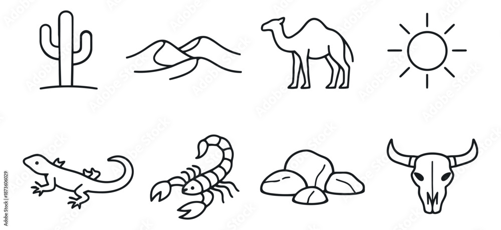 Obraz premium Hand drawn line art desert icon set featuring cactus, camel, scorpion, lizard, and bull skull for nature and travel