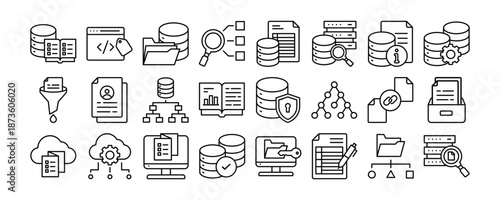 Data Catalog icon collection. Containing design Data Catalog, Metadata Tag, Folder with Database, Data Taxonomy, Data Table	