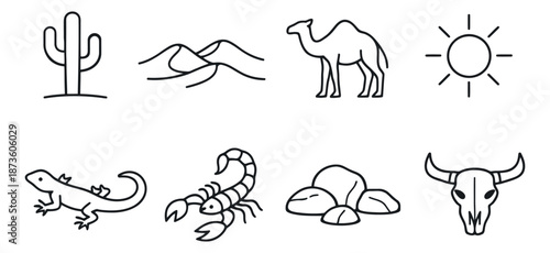 Hand drawn line art desert icon set featuring cactus, camel, scorpion, lizard, and bull skull for nature and travel