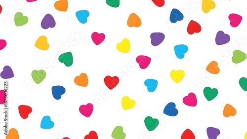 Colorful hearts scattered randomly on a white background in various hues.