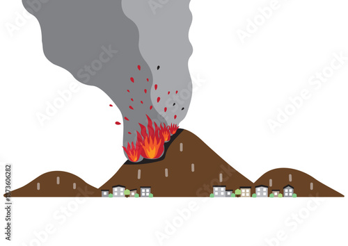 シンプルな冬の山火事イメージ、民家が近いバージョン