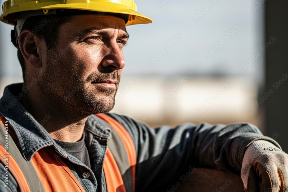 Obraz premium x-default Focused Construction Worker in Yellow Hard Hat