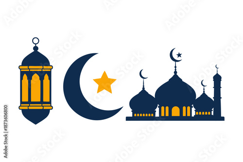 Islamic symbols and mosque illustration.
