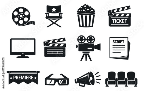 Modern cinema icon set featuring film reels, director's chairs, popcorn, and clapperboards for entertainment industry promotion