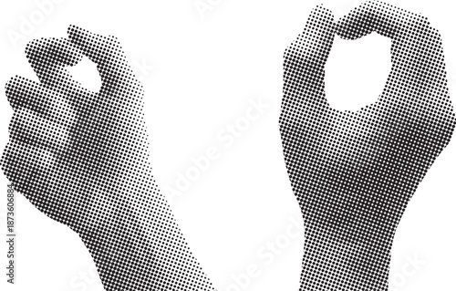 Two hands forming an ok gesture against a white background,Vintage punk grunge halftone arm and hand gesture illustration, dotted halftone screen pattern, experimental collage graphic element, 