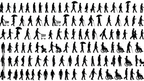 Human walking pose set in silhouette style representing motion activity character movement and people action collection