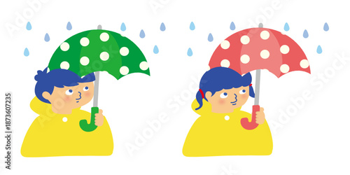 傘を持つ男の子と女の子のイラスト/Illustration of a boy and girl holding an umbrella