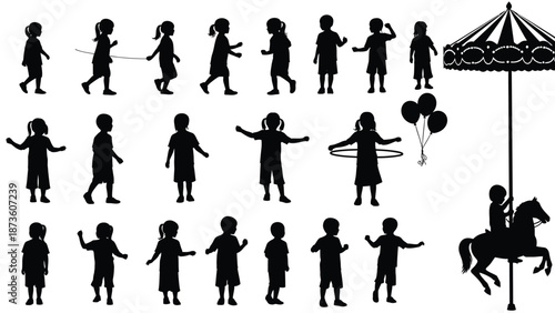 Children silhouette set with playground carousel representing childhood fun family park and playful outdoor activities