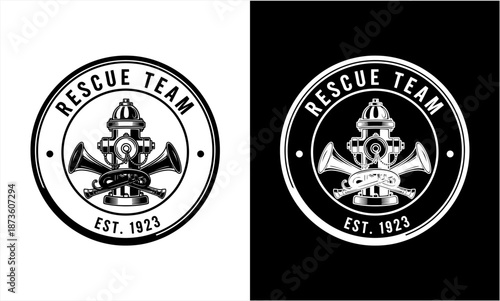 Vintage Rescue Team Emblem with Fire Hydrant and Megaphones.