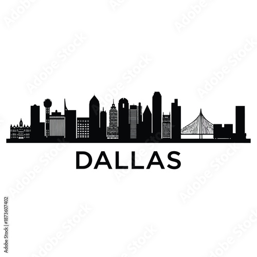 Dallas skyline silhouette with city name prominently displayed below the buildings