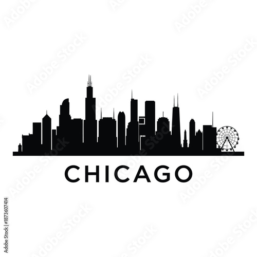 A striking black silhouette of the chicago skyline with city name below