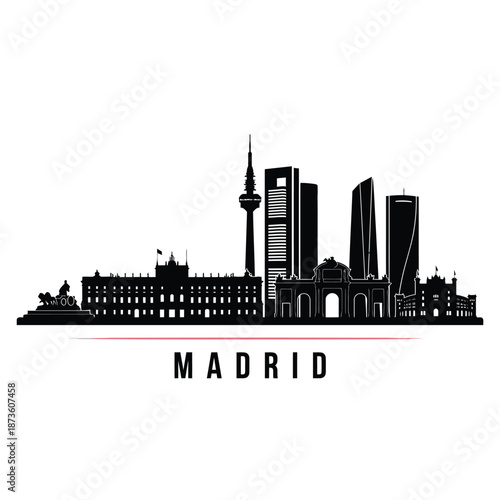 A striking black silhouette of the madrid skyline with iconic landmarks