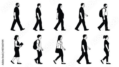 Walking people silhouette sequence representing motion step by step human movement and lifestyle activity
