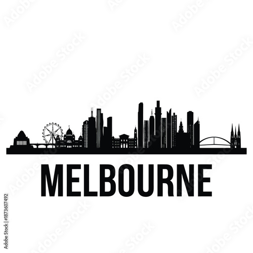 Melbourne skyline silhouette with iconic landmarks and the city s name