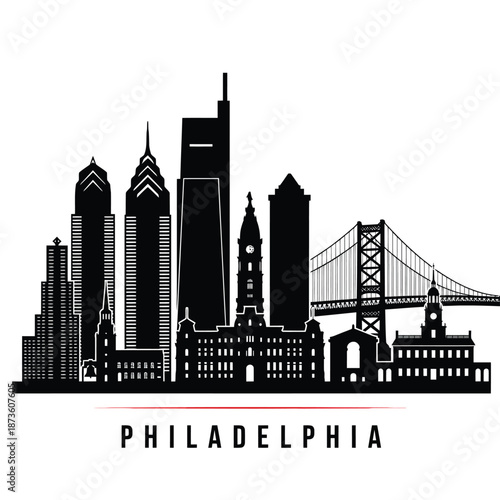 Philadelphia skyline illustration featuring iconic buildings and the ben franklin bridge