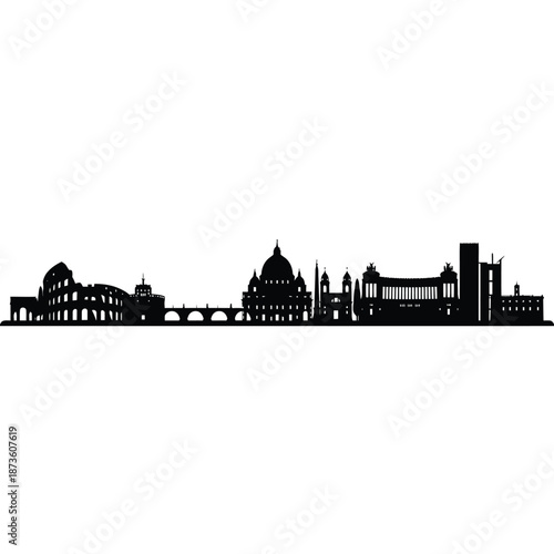 A striking black silhouette of a sprawling cityscape with iconic buildings