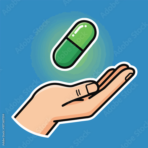A cartoon hand with a green pill hovering above it
