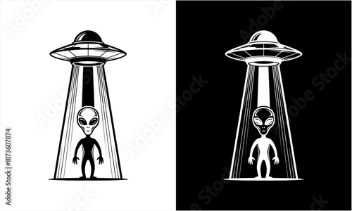 Alien Abduction by UFO Beam in Monochrome Illustration.
