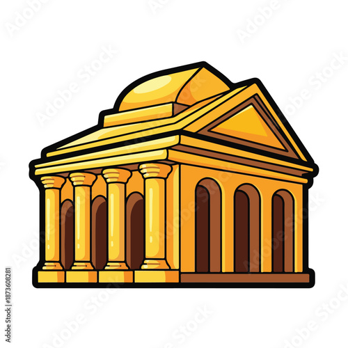 A cartoon illustration of a golden building with columns and a dome