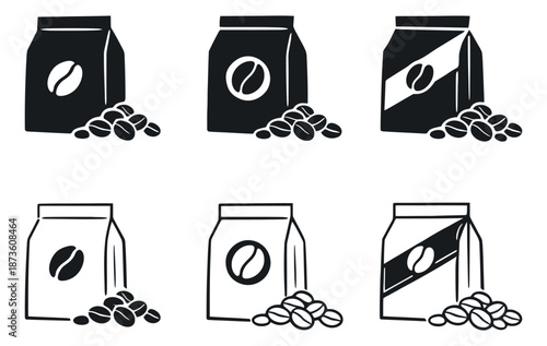 Monochrome coffee icons set featuring coffee bags and beans in line art and solid styles for beverage packaging or cafe branding
