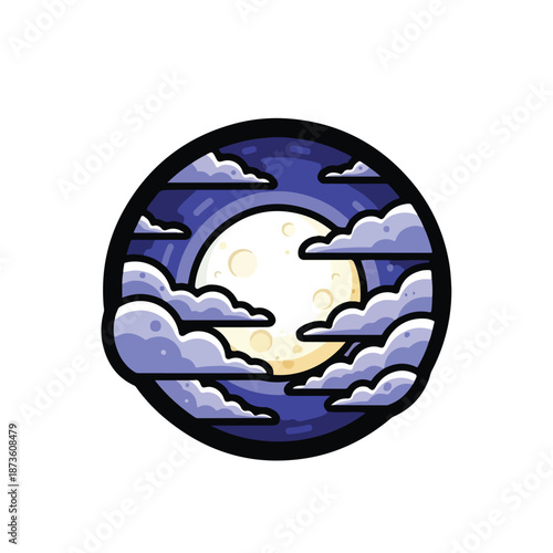 A cartoon moon shining through clouds