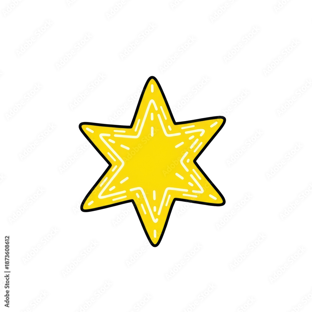 Obraz premium Whimsical bright yellow six-pointed star with lighter dashed internal patterns, hand-drawn doodle style on a transparent background with negative space, cheerful graphic element concept