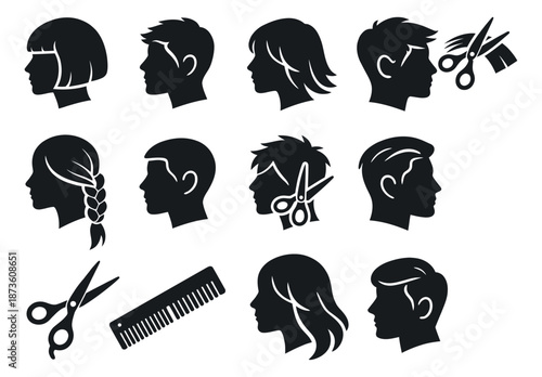 Minimalist graphic hairstyle profile set featuring various men and women silhouettes with different haircuts, braids, scissors and a comb for barbershops and beauty salons