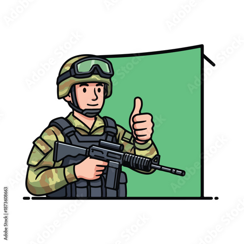 A cartoon soldier in camouflage gear gives a thumbs up