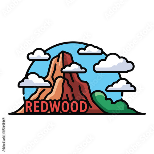A cartoon mountain landscape with redwood text