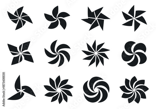 Abstract geometric shapes set featuring diverse pinwheel and propeller designs for branding
