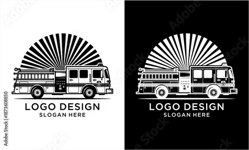 Classic Fire Truck Logo Design with Retro Sunburst Background.