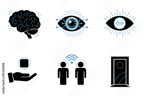 Illustration of a collection of icons relating to technology and the future, depicting a brain, an eye, a circuit board, two people, and a door