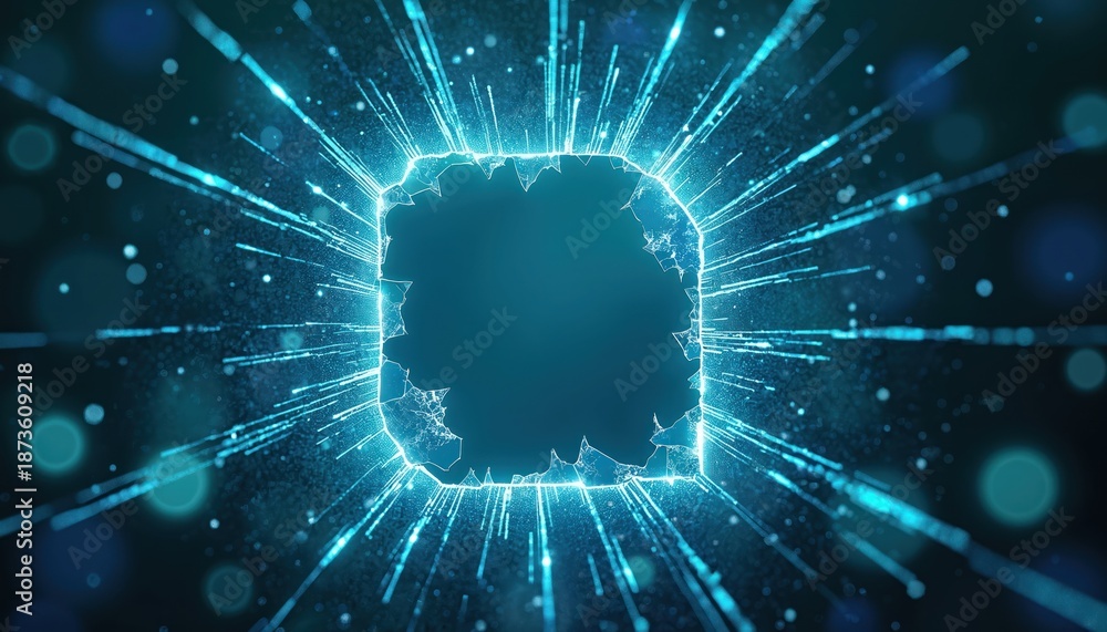 Fototapeta premium Abstract glowing broken screen with radiating light beams and particles on dark background. Digital art displays shattered effect with futuristic tech theme and blue turquoise colors.
