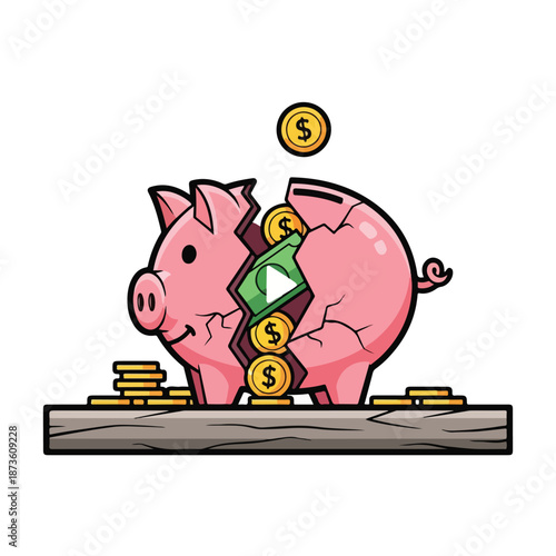 A cartoon piggy bank broken open with coins and bills spilling out