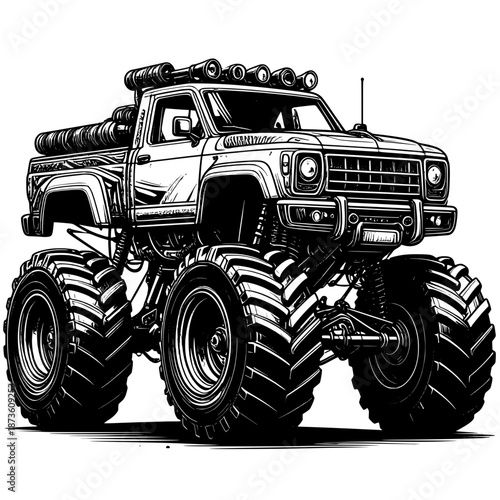 Vintage monster truck machinery isolated on white background as a powerful industrial engine vehicle for farming transportation