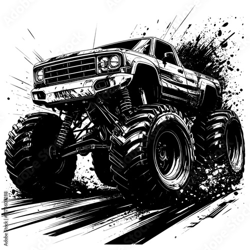 Vintage black retro monster truck vector illustration featuring an antique classic automobile and old motor vehicle drawing on a grunge background with white headlights